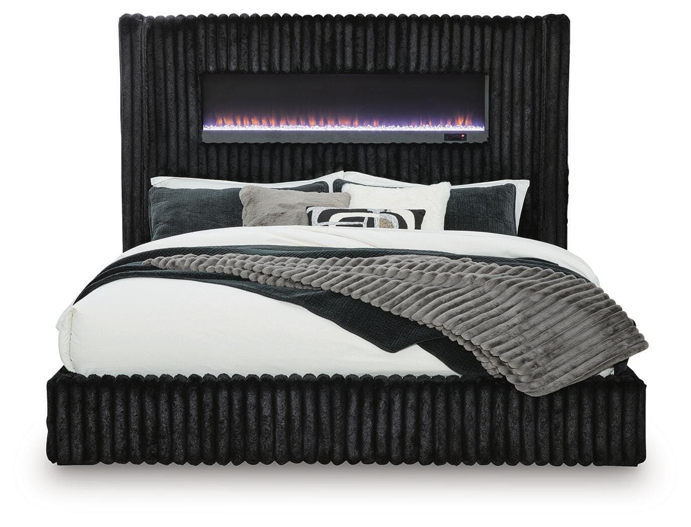 Agrander King Upholstered Bed with Fireplace and Wireless Audio